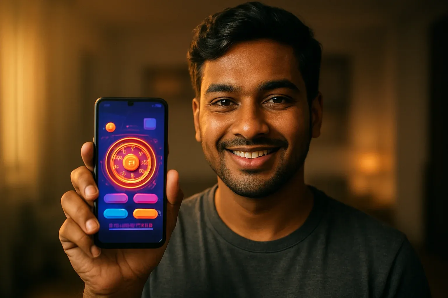 Young Bangladeshi man holding smartphone with glowing casino app interface