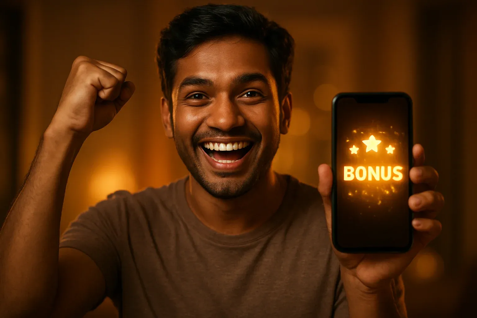 Joyful Bangladeshi man holding smartphone with glowing bonus notification screen