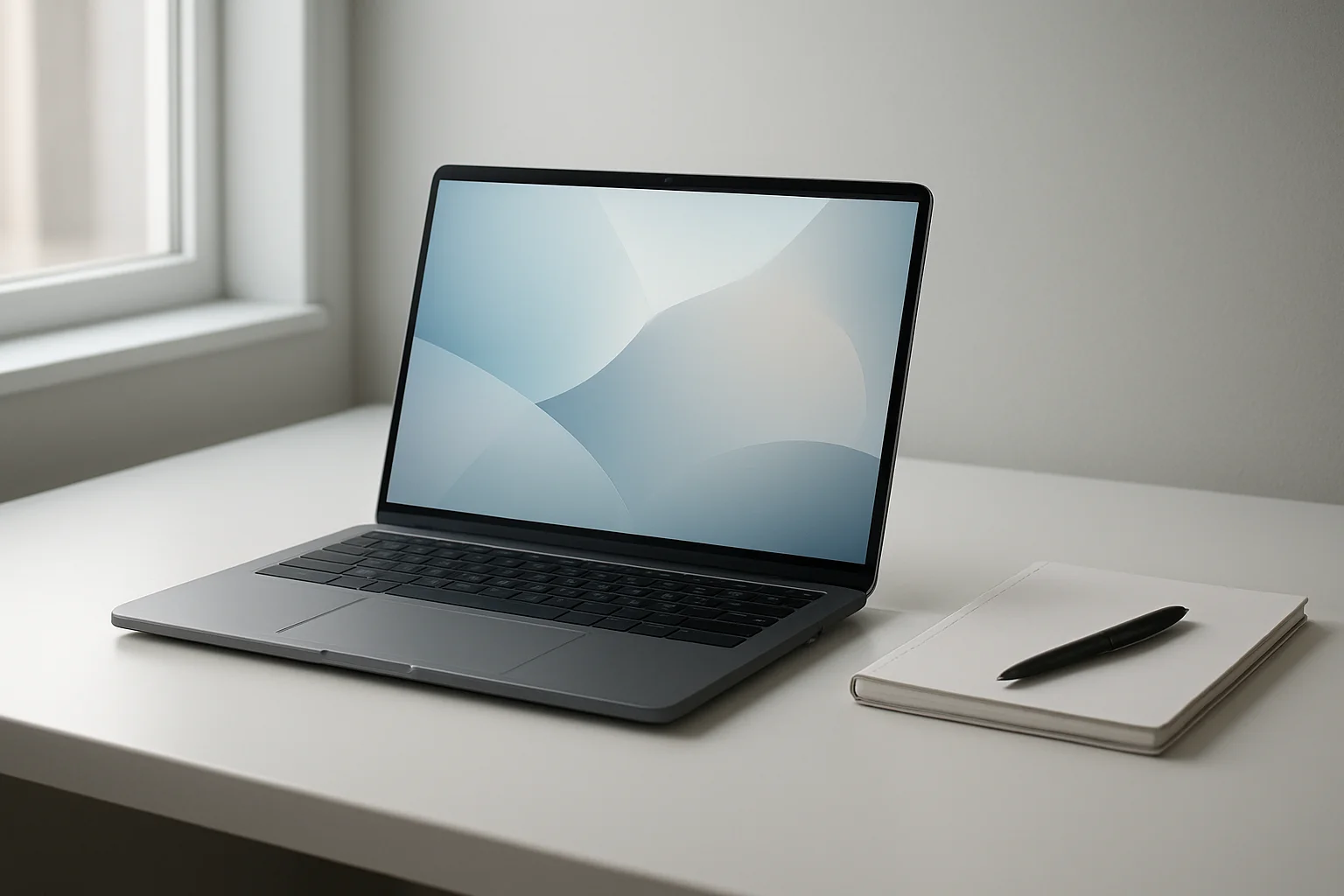 Modern laptop on white desk with abstract glowing screen