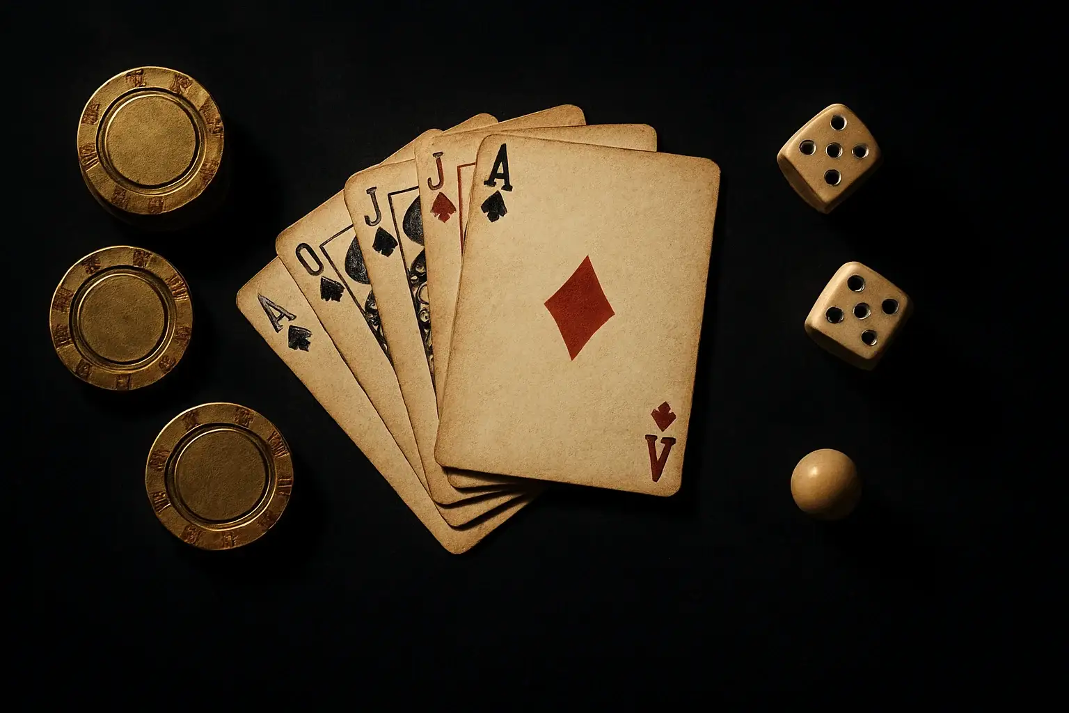 Golden casino chips, cards, dice, and roulette ball on dark velvet