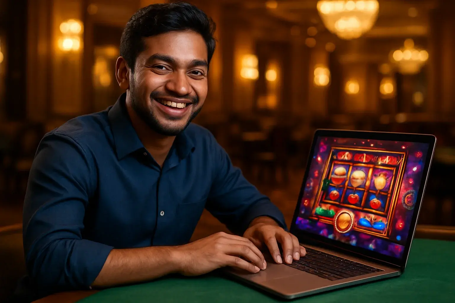 Cheerful Bangladeshi man with open laptop showing colorful casino interface