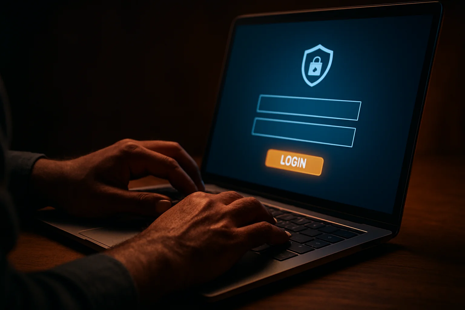 Bangladeshi man's hands on laptop showing stylized login form