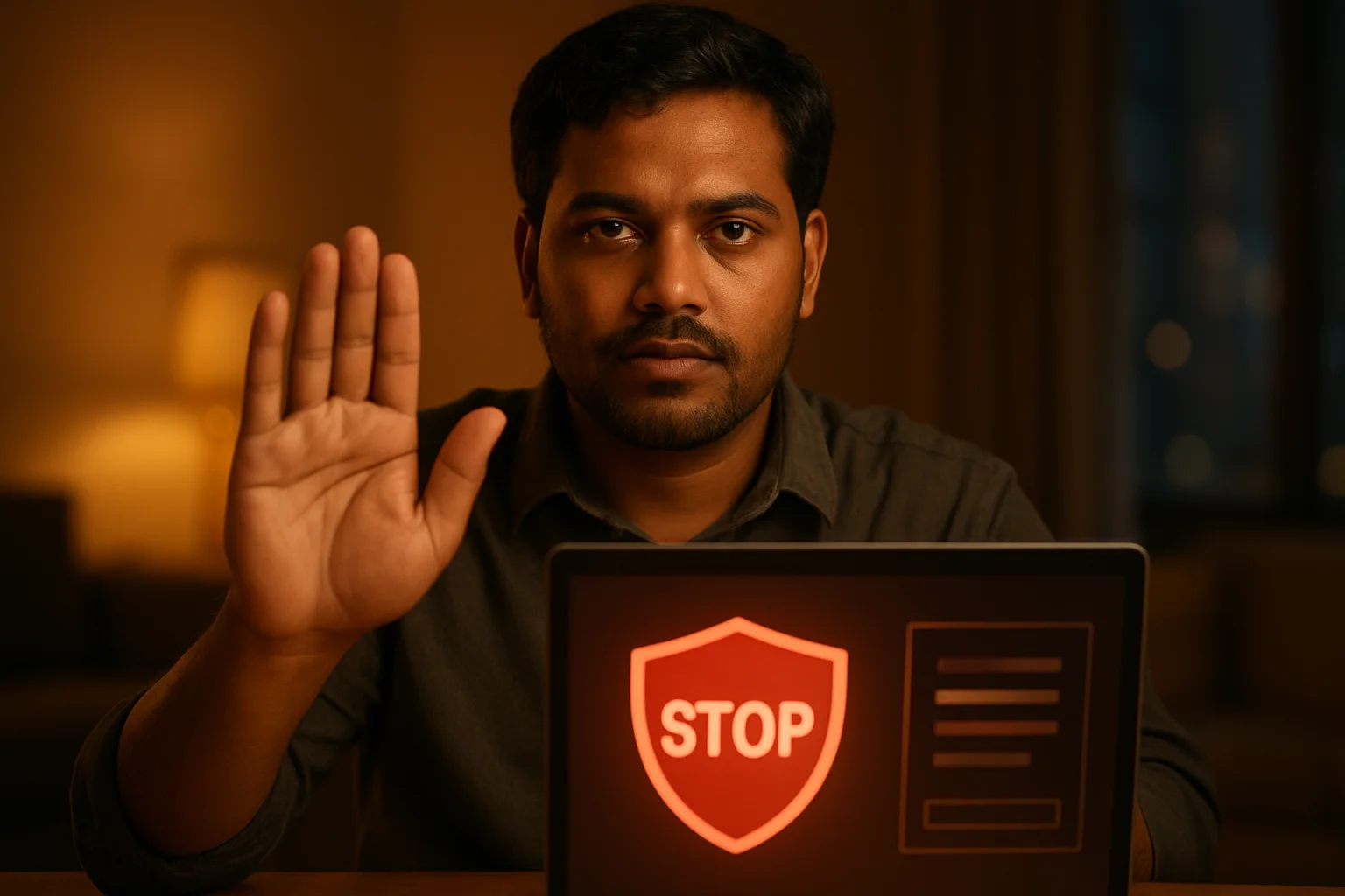Bangladeshi man shows stop gesture beside laptop with responsible gambling controls