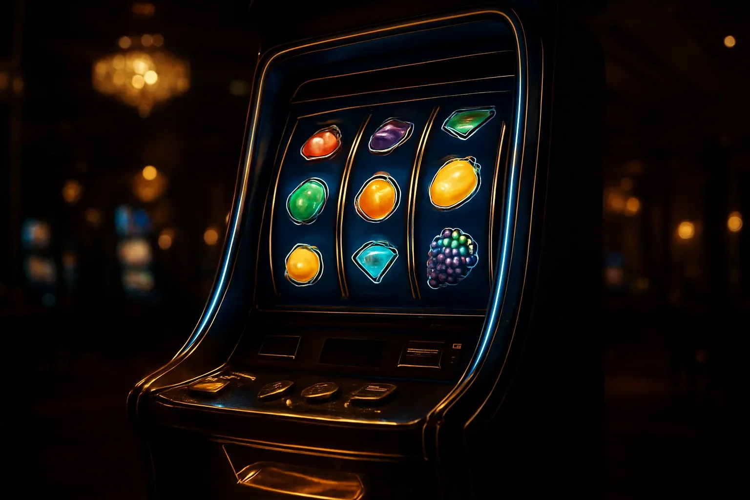 Hyperrealistic premium slot machine with glowing reels in luxury casino